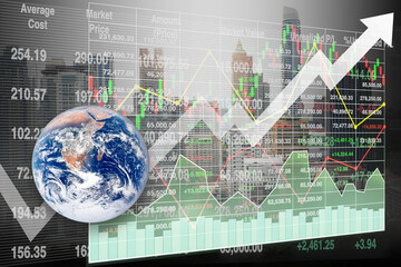 Stock financial index show data investment analysis growth for global business perspective with graph, chart and candlesticks on image of urban skyline.Earth image furnished by NASA.