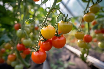 Tomatoes being grown in a greenhouse. Generative AI