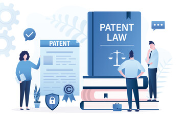 Owner holds patent for new idea or invention. Intellectual property paper document and patent law books. Copyright reserved or product trademark that cannot copy. Lawyer analysis copyright law.