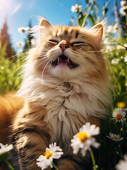 Naklejka na ściany i meble Happy cute cat on a summer day