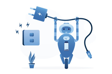 Overworked robot holds plug electric to recharge energy. Recharge low battery, refresh or recover after hard work. Chatbot with cable and electric socket, charge full energy.