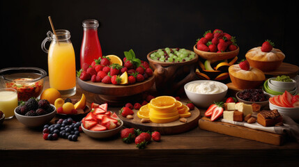 Summer spread with fresh fruits, berries, cold drinks