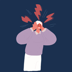 Cartoon vector illustration of woman suffers from headaches and migraines. Symptoms of a viral disease.