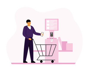 Guy pays contactless with mobile phone for purchases at supermarket through self service checkout. Modern secure banking services. Process of buying goods and paying using smartphone. Vector