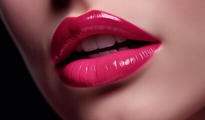 woman lips with pink lipstick and a sexually open mouth close-up. Beauty concept