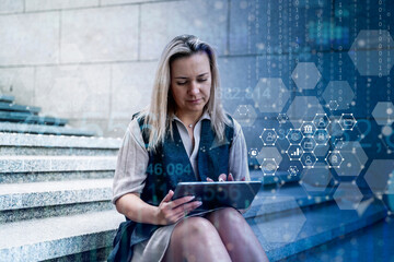 Business analytics and technology analysis concept. A manager uses a computer to analyze financial...