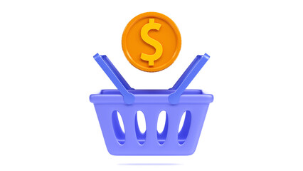 3d rendering of shopping basket with glod coin on color background, sale banner, social network design