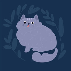 Cartoon vector illustration of Cute cat licking paw, washing, cleaning and grooming itself with tongue. Adorable feline animal. Sweet lovely neat and tidy kitty.