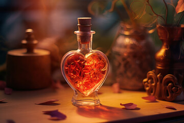 Obraz na płótnie Canvas Love potion in a heart-shaped flask, old apothecary, fantasy.