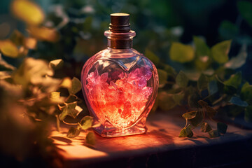 Obraz na płótnie Canvas Love potion in a heart-shaped flask, old apothecary, fantasy.