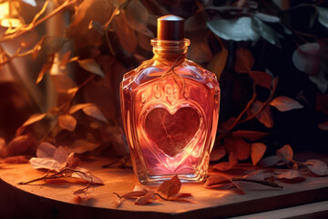 Love potion in a heart-shaped flask, old apothecary, fantasy.