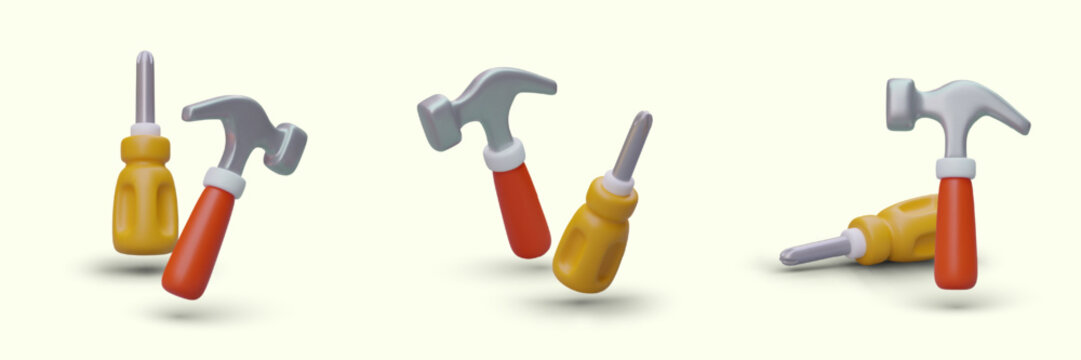 Isometric screwdriver and hammer with shadows. Sets of tools in different positions. Home equipment for repair. 3D icons in cartoon style. Vector images for applications, sites, web design