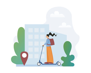 Eco-friendly express home delivery service. Young delivery woman with backpack on back arriving at point of destination on scooter. Flat vector illustration