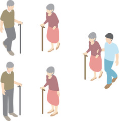 アイソメトリック　俯瞰　人物　シニア　高齢者　介護　杖　男女　イラスト素材セット
