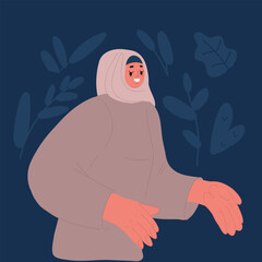 Cartoon vector illustration of Muslim woman in hijab. Portrait of a young arab girl in traditional dress.