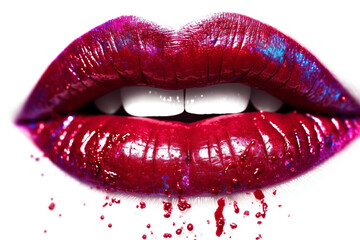Obraz premium sexy open female mouth with red lips with paint and splashes. Art poster on white isolated background. Generative AI