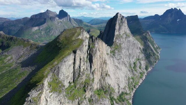 Aerial view of Senja Island coast and mountains from drone, Norway