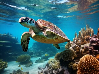 Fototapeta premium Sea turtle under water natural sea life with corals