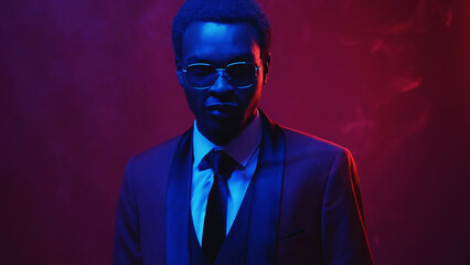 Neon light people. Gentleman portrait. Masculine determination. Serious confident business man in tuxedo suit glasses on bright dark blue pink color smoke copy space background.
