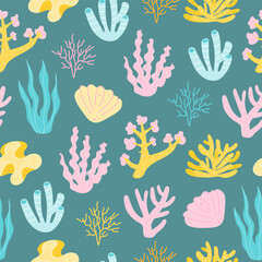 Cute pattern with corals and seaweed or algae