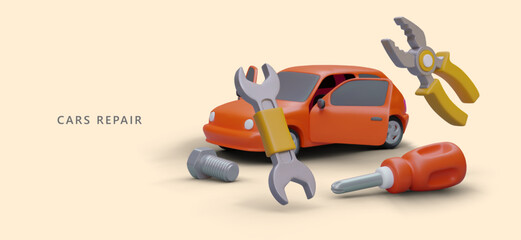 Emergency roadside assistance. Automobile club membership, support program. Car repair. 3D passenger car, fixing tools. Poster with illustration in plasticine style