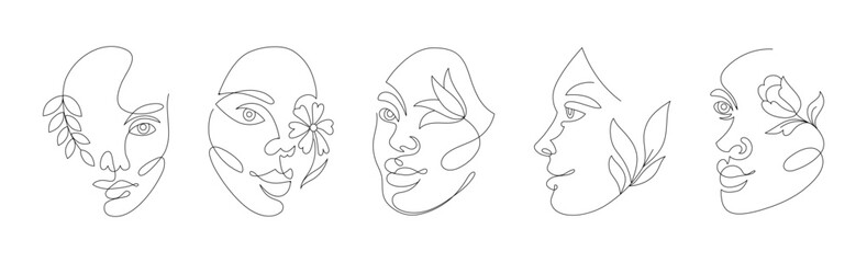 Woman line art faces. One outline girl silhouette for tattoo or print, single female black logo, floral feminine portrait. Beauty human minimal head with flowers vector tidy abstract sketch set