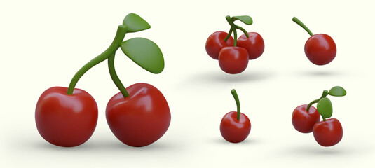 Collection of realistic ripe cherries in different combinations. Red berries with tails, groups and single. Vitamin summer natural desserts. Juicy ingredients for recipes