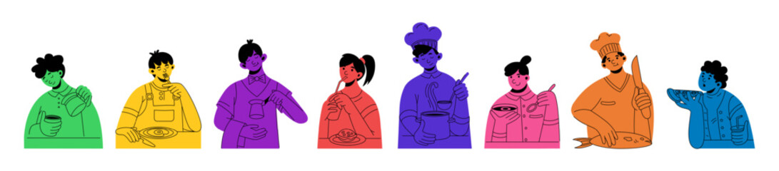 People eating food. Cook chef icons. Pizza and burger on kitchen. Cartoon restaurant characters. Persons cooking dinner. Coffee cup. Man and woman portraits set. Vector illustration design