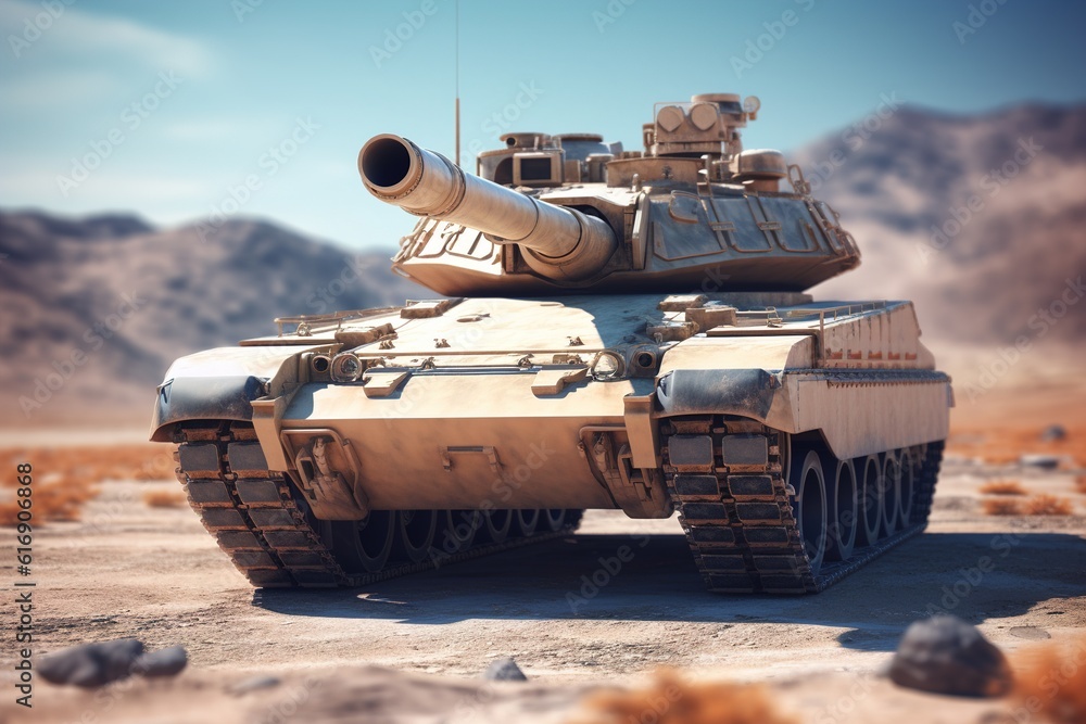 Poster Tank. Armored self-propelled tracked vehicle with powerful weapons. generated by AI.