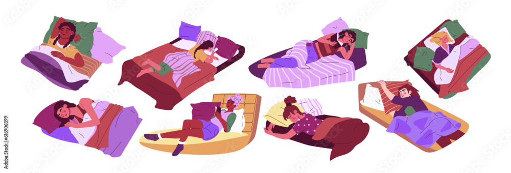 Wall mural Sleep woman. Asleep cartoon flat style modern character, dream bed, nap and snore in bedroom, sleepy child awake. Girl reading book or chatting online. Vector exact isolated graphic