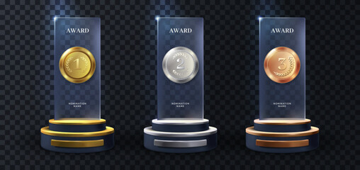 Realistic award. Winning medal. Glass 3D mockup. Acrylic design of first place prize. Silver or golden certificate. Competition trophy. Victory nominations. Vector exact elements set