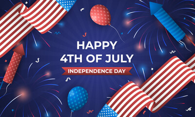 Fourth of July Independence Day of United States of America Festivity Background Vector illustration. Independence Day of United States of America 4th of July with American Flag and Fireworks.