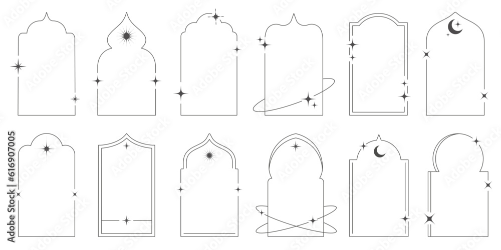 Aufkleber aesthetic frame shape. outline minimal graphic elements with stars. abstract boho arches with sparkl