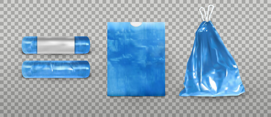 Plastic bags. Garbage blue bag with handles. Trash roll, blue package mockup, waste sack or can, full with strings, empty and full polyethylene pack, refuse. Vector exact isolated set