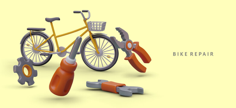 Seasonal bicycle maintenance, repair of breakdowns, tire replacement. Vector concept with isometric illustration in cartoon style. Colored tools, cycle with basket