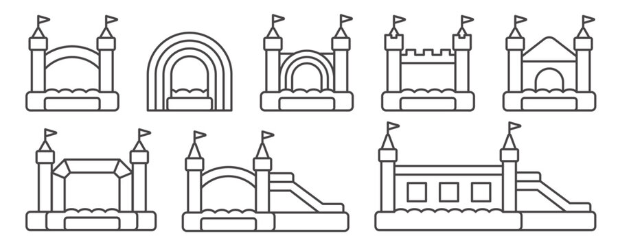 Bouncy Inflatable Castle Icons Set. Vector Trampoline Outline Pictograms For Jumping Game Isolated On White Background.