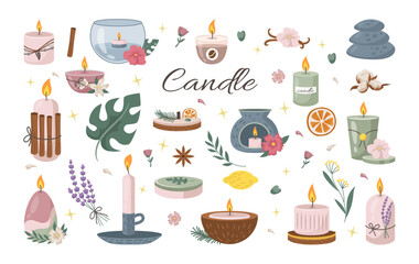 Fragrance candle. Spa and aromatherapy. Home soy wax. Scented coconut oil. Essential candlelight in glass or tin jar. Flower and stone. Isolated candlesticks set. Vector tidy illustration