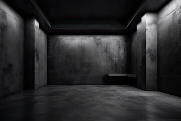 Dark black and gray abstract cement wall and interior textured studio room for product display. Wall background	