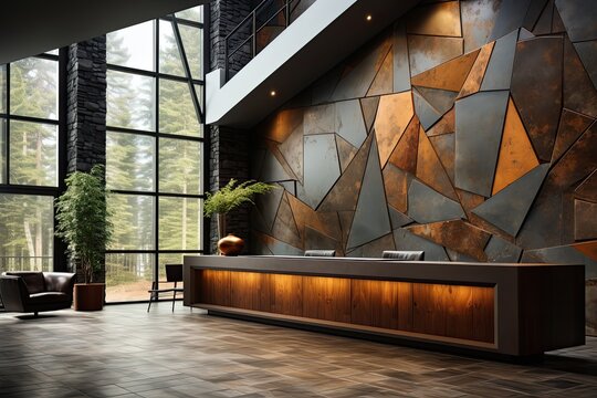 Interior of modern office with wooden and concrete walls, wooden floor and meeting room with reception desk