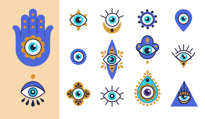 Fototapeta premium Turkish eye. Hamsa, blue greek pattern on hand, greece print or glass amulet, nazar tree symbol, art bead. Luck and protection sign, mystical talisman. Vector tidy illustration isolated icons