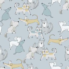 Seamless pattern with funny dogs playing. Perfect for kids. Bone, ball and terrier doodles on blue background