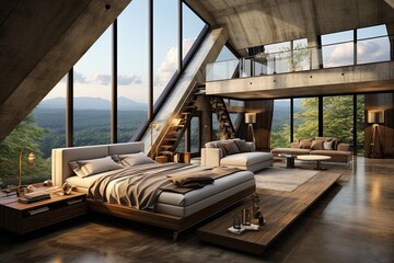 Interior of modern living room with mountain view