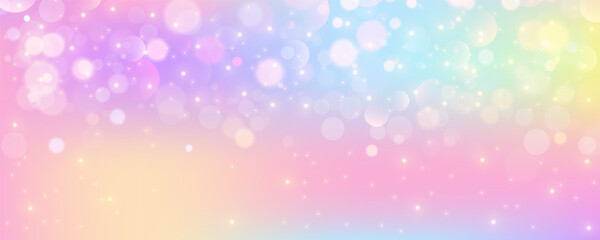 Rainbow unicorn background. Pastel pink color sky with stars. Holographic fantasy print with bokeh. Vector wallpaper for princess girl design.