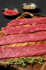 Fototapeta premium Closeup view of raw beef strips