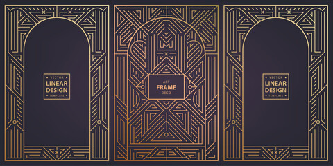 Vector set of arch art deco line borders, covers. Gold frames, decorative geometric labels. Linear ornament composition, vintage style. Use for packaging, branding, decoration © marylia17