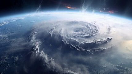 cyclone funnel of a hurricane on the surface of the planet view from space, weather forecast. Generative AI
