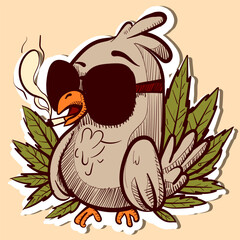 Illustration of a cartoon pigeon with marijuana leaves around him smoking a cigarette. Vector of a stoner bird character and cannabis plants.