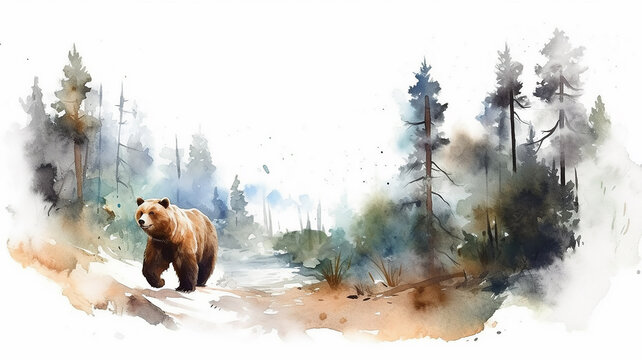 bear walks through the forest watercolor drawing painting on a white background. Generative AI