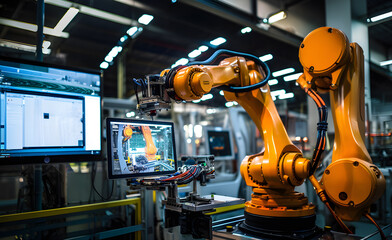 Fototapeta premium Futuristic Efficient smart Automation robot revolution production replace human AI-power learning tech dynamic Intelligent robot manufacturing industry technology concept generator AI illustration.