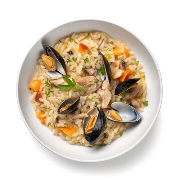 Seafood Risotto isolated on white background. Generative AI